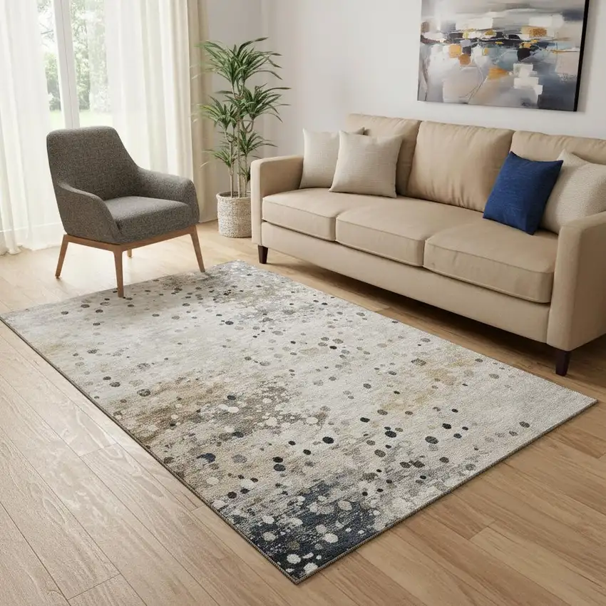 Ivory Gold And Gray Abstract Washable Area Rug With UV Protection Photo 2