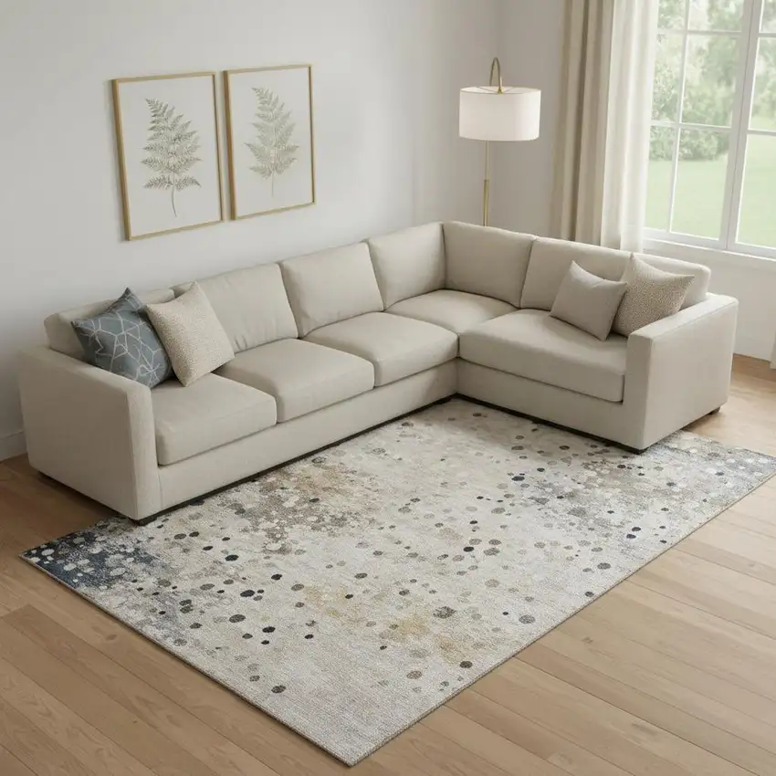 Ivory Gold And Gray Abstract Washable Area Rug With UV Protection Photo 2
