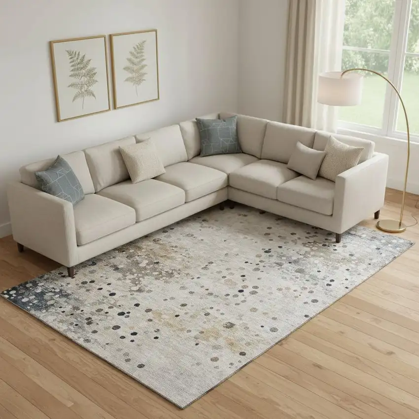 Ivory Gold And Gray Abstract Washable Area Rug With UV Protection Photo 2