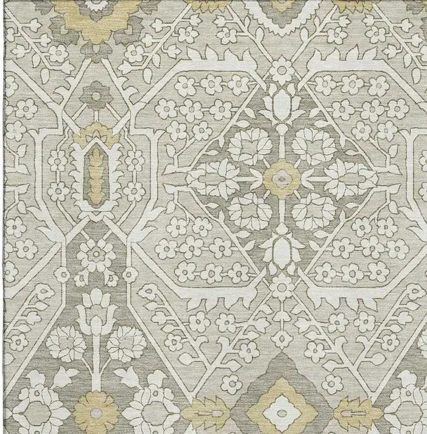 Ivory Gold And Gray Floral Washable Area Rug With UV Protection Photo 4