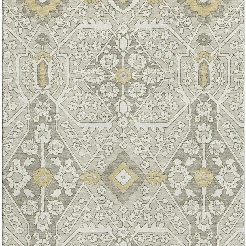Ivory Gold And Gray Floral Washable Area Rug With UV Protection Photo 5