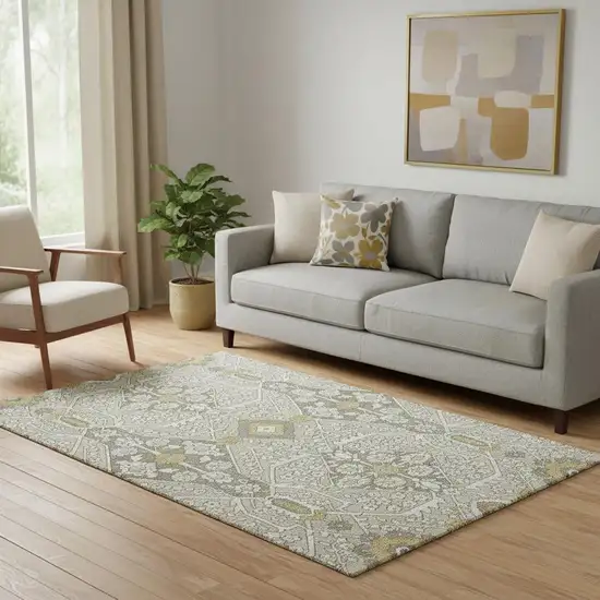 Ivory Gold And Gray Floral Washable Area Rug With UV Protection Photo 1