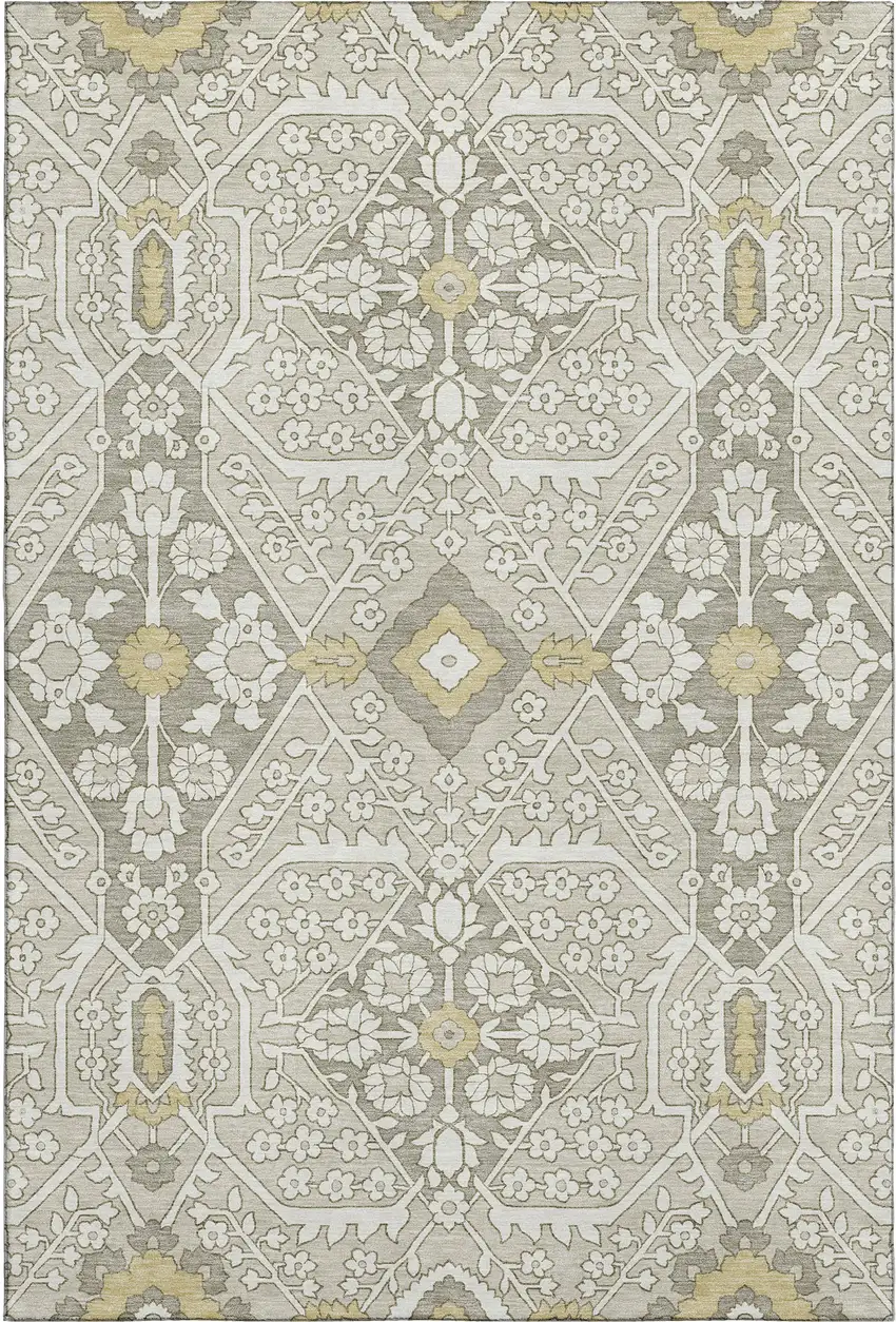 Ivory Gold And Gray Floral Washable Area Rug With UV Protection Photo 2