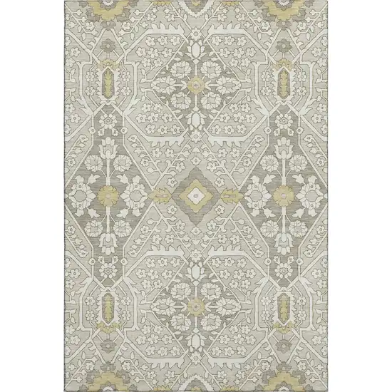 Ivory Gold And Gray Floral Washable Area Rug With UV Protection Photo 2