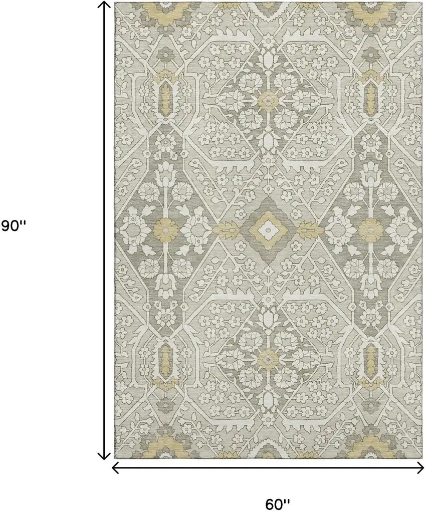 Ivory Gold And Gray Floral Washable Area Rug With UV Protection Photo 3