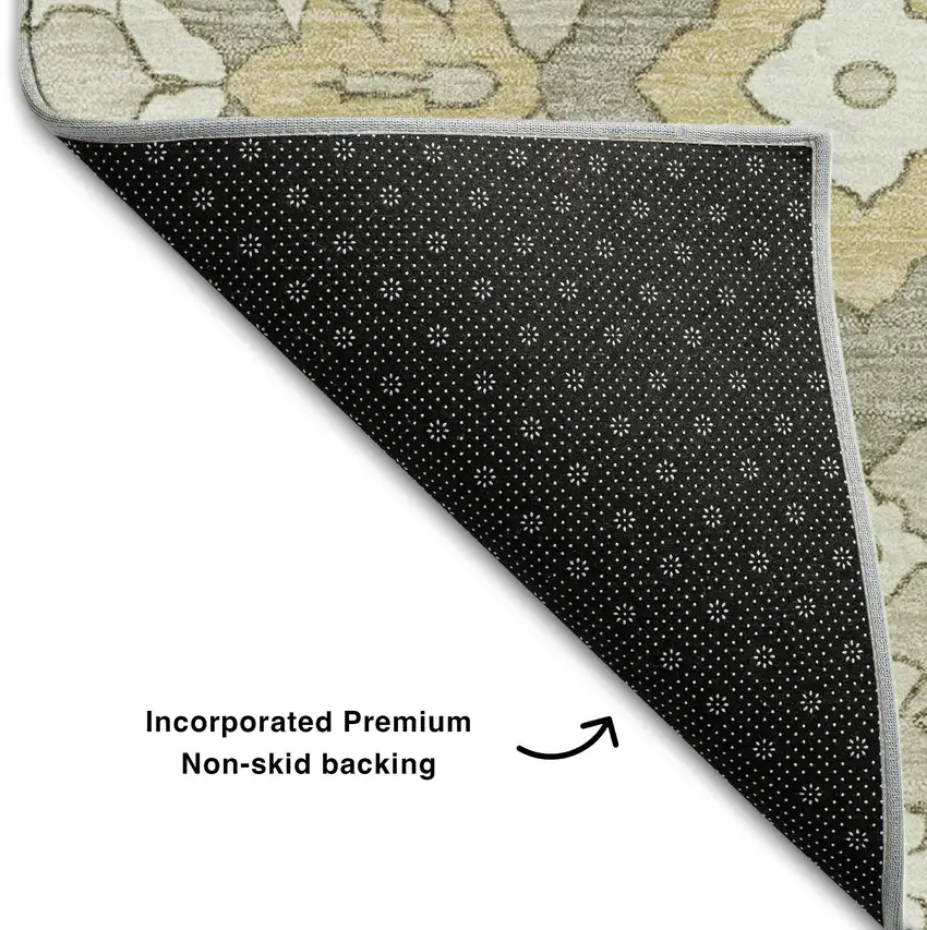 Ivory Gold And Gray Floral Washable Area Rug With UV Protection Photo 8