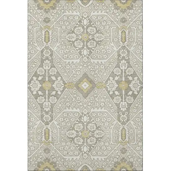 Ivory Gold And Gray Floral Washable Area Rug With UV Protection Photo 5