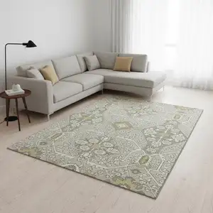Photo of Ivory Gold And Gray Floral Washable Area Rug With UV Protection