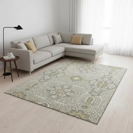 Ivory Gold And Gray Floral Washable Area Rug With UV Protection Photo 1
