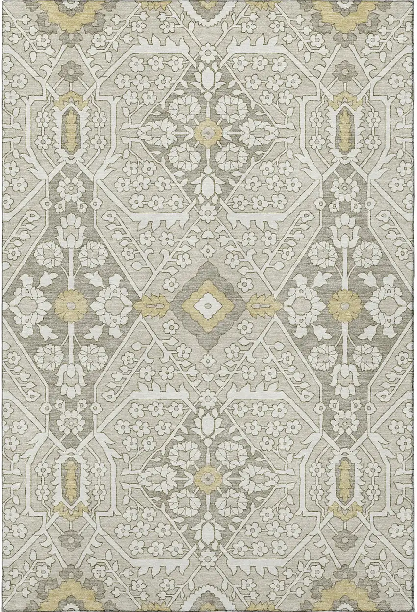 Ivory Gold And Gray Floral Washable Area Rug With UV Protection Photo 4