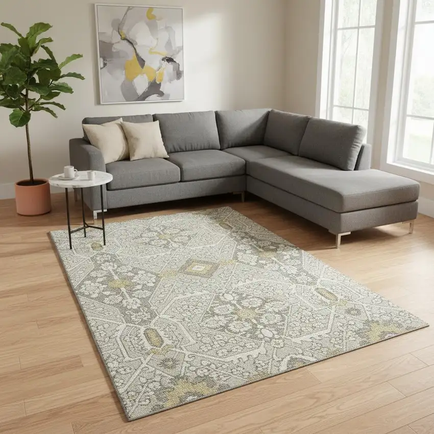 Ivory Gold And Gray Floral Washable Area Rug With UV Protection Photo 1