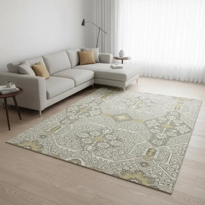 Ivory Gold And Gray Floral Washable Area Rug With UV Protection Photo 1