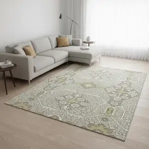 Photo of Ivory Gold And Gray Floral Washable Area Rug With UV Protection