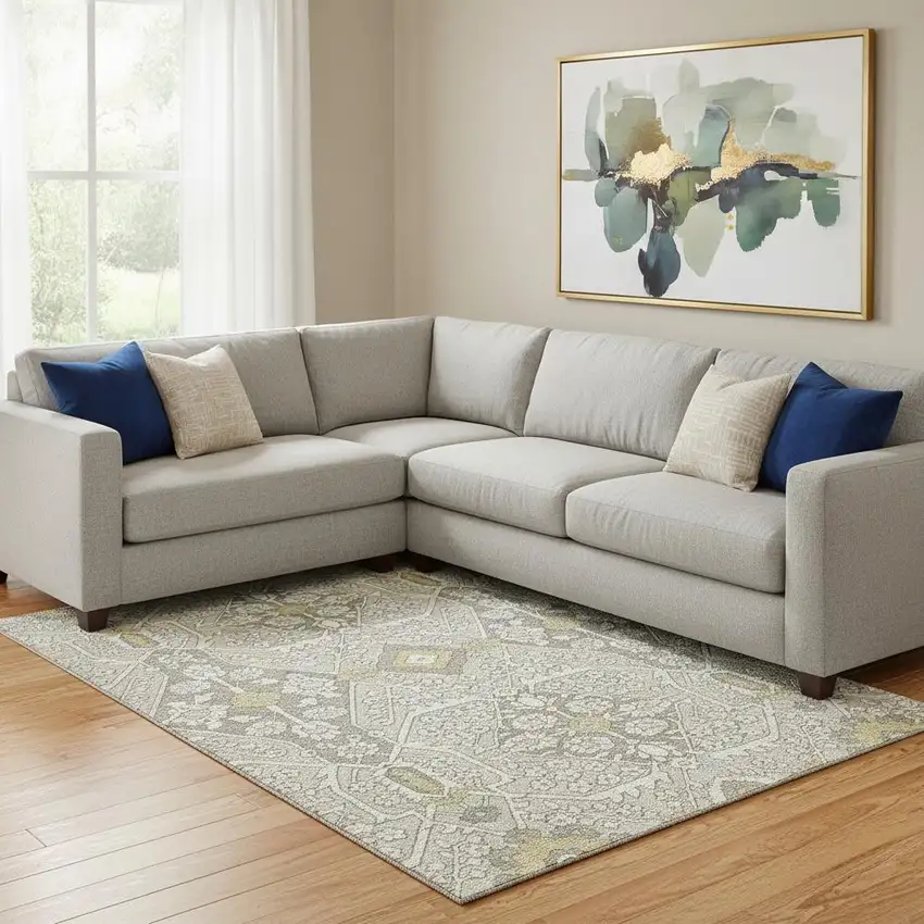 Ivory Gold And Gray Floral Washable Area Rug With UV Protection Photo 1