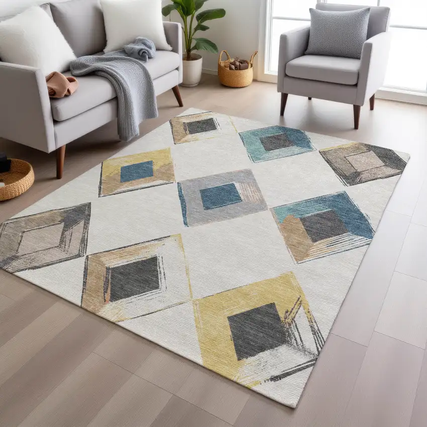 Ivory Gold And Gray Geometric Washable Indoor Outdoor Area Rug Photo 8