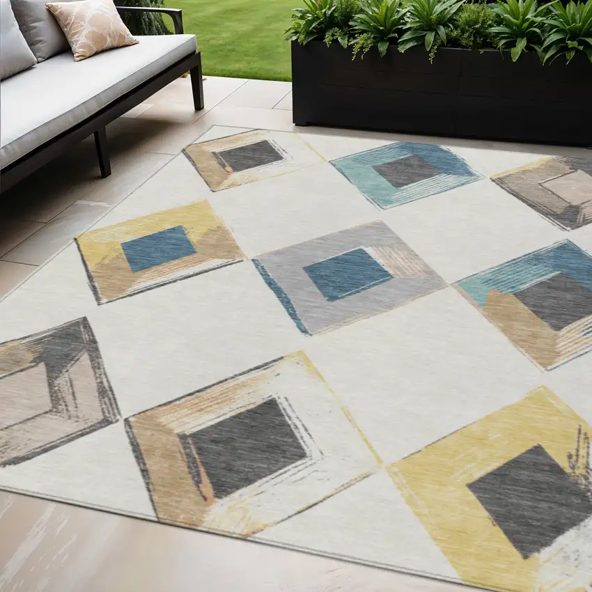 Ivory Gold And Gray Geometric Washable Indoor Outdoor Area Rug Photo 2