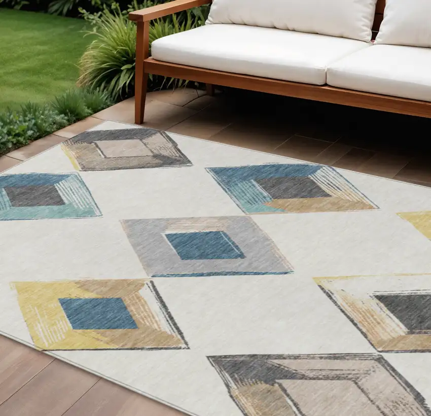 Ivory Gold And Gray Geometric Washable Indoor Outdoor Area Rug Photo 2