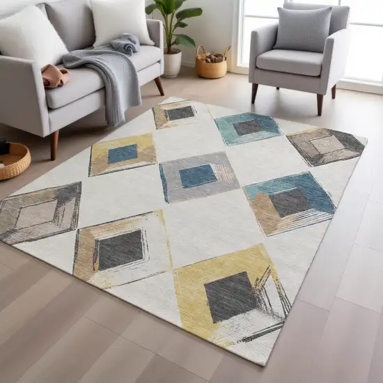 Ivory Gold And Gray Geometric Washable Indoor Outdoor Area Rug Photo 8