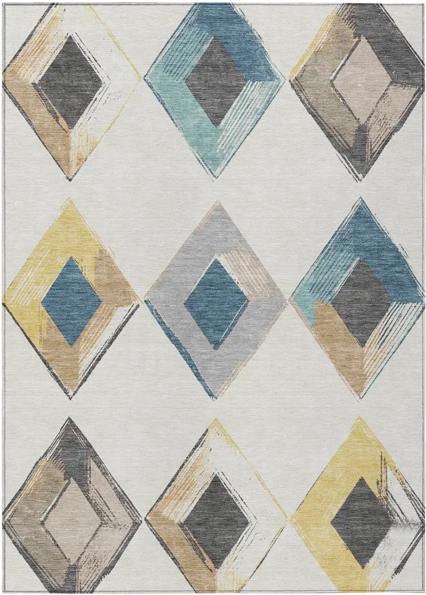 Ivory Gold And Gray Geometric Washable Indoor Outdoor Area Rug Photo 1