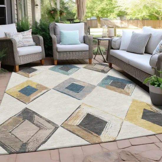 Ivory Gold And Gray Geometric Washable Indoor Outdoor Area Rug Photo 7