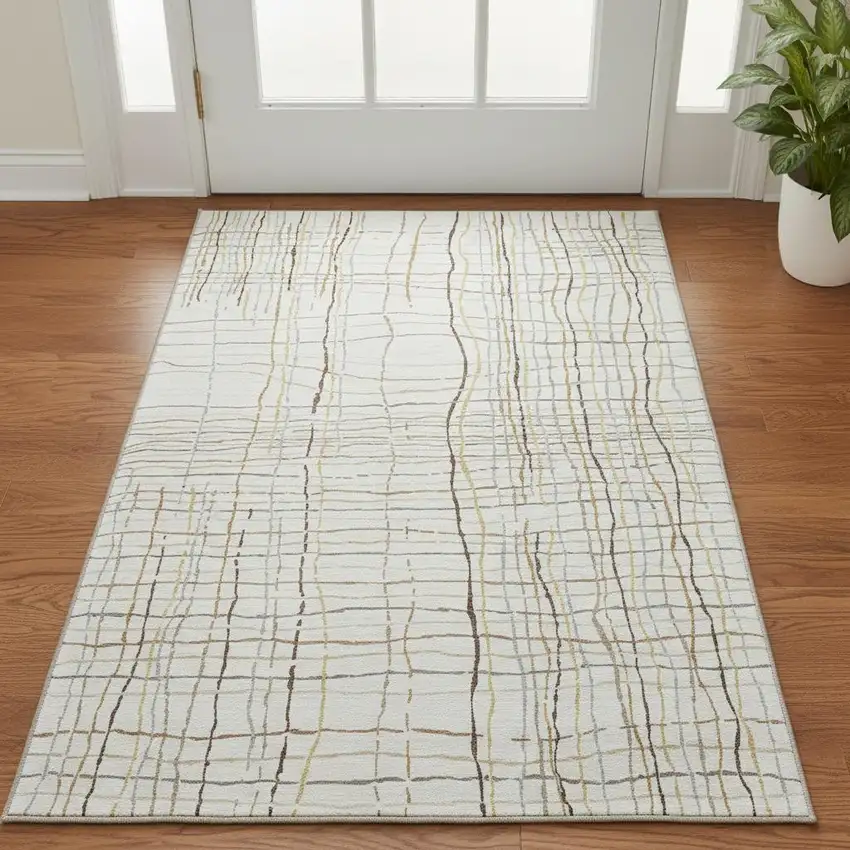 Ivory Gold And Gray Striped Washable Area Rug With UV Protection Photo 2