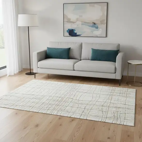 Ivory Gold And Gray Striped Washable Area Rug With UV Protection Photo 2