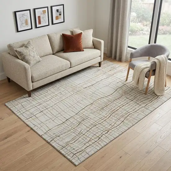 Ivory Gold And Gray Striped Washable Area Rug With UV Protection Photo 1