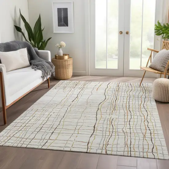 Ivory Gold And Gray Striped Washable Area Rug With UV Protection Photo 5