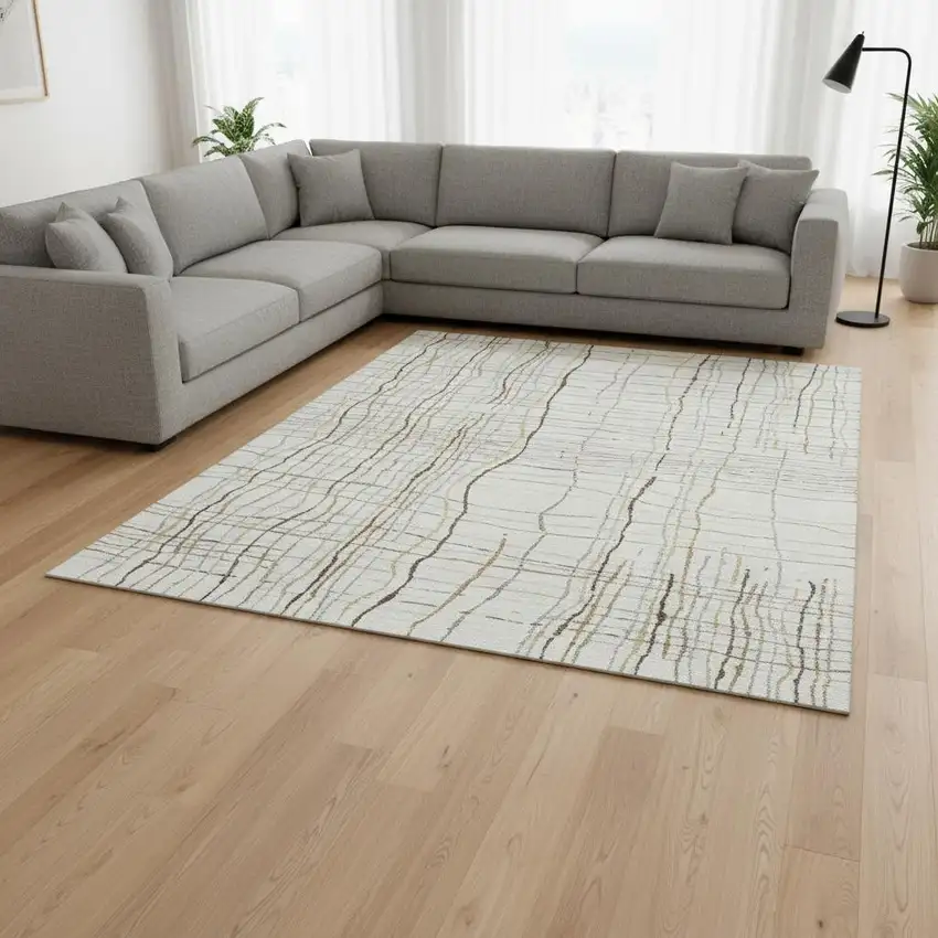 Ivory Gold And Gray Striped Washable Area Rug With UV Protection Photo 2