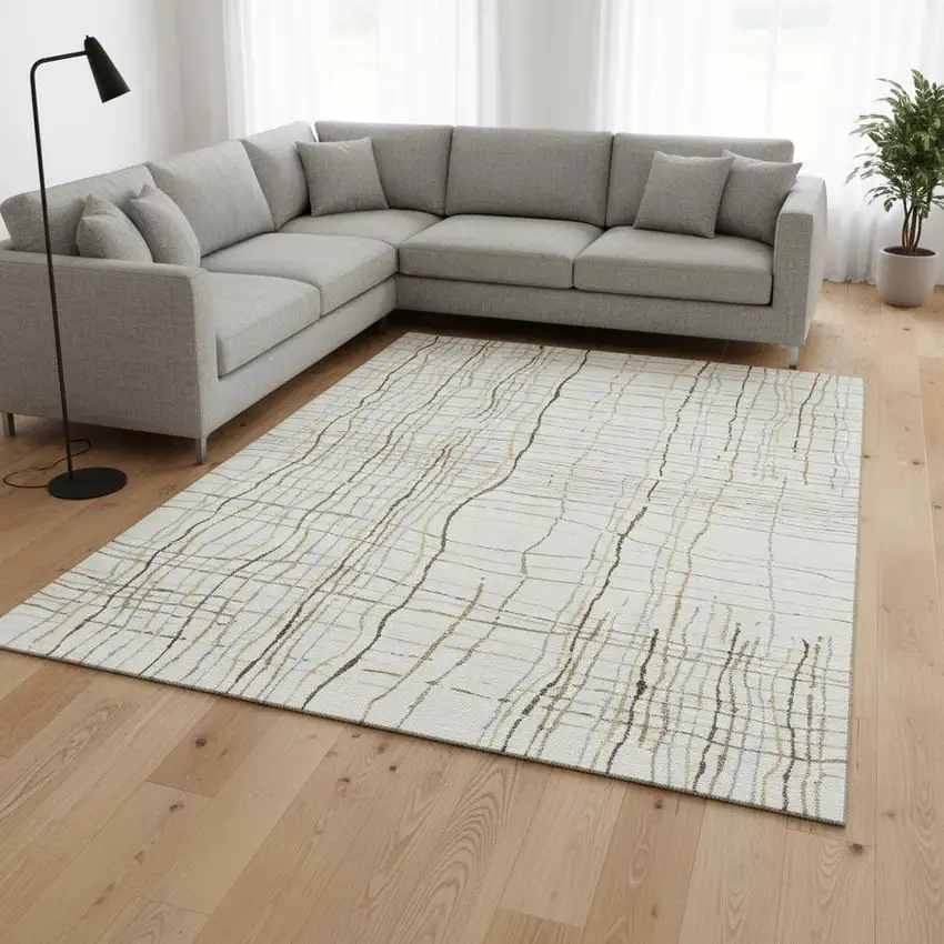 Ivory Gold And Gray Striped Washable Area Rug With UV Protection Photo 2