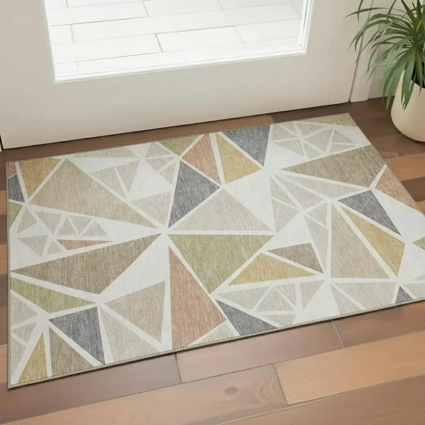 Ivory Gold And Green Geometric Washable Area Rug With UV Protection Photo 2