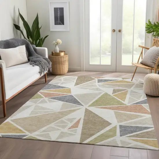 Ivory Gold And Green Geometric Washable Area Rug With UV Protection Photo 5