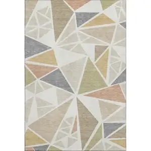 Photo of Ivory Gold And Green Geometric Washable Area Rug With UV Protection