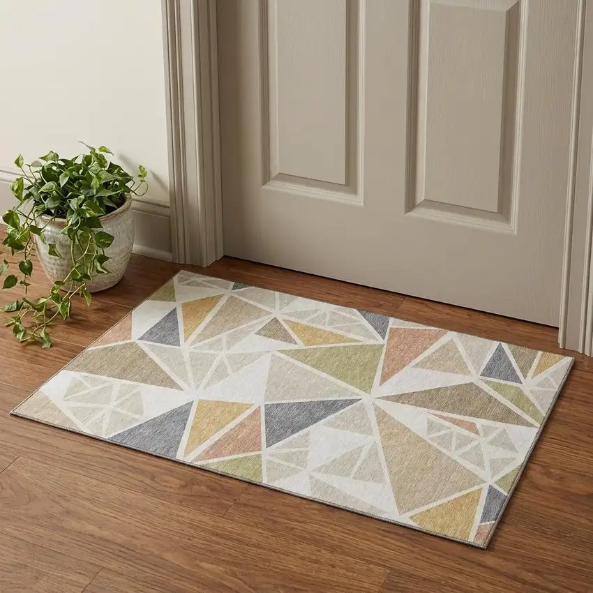 Ivory Gold And Green Geometric Washable Area Rug With UV Protection Photo 1
