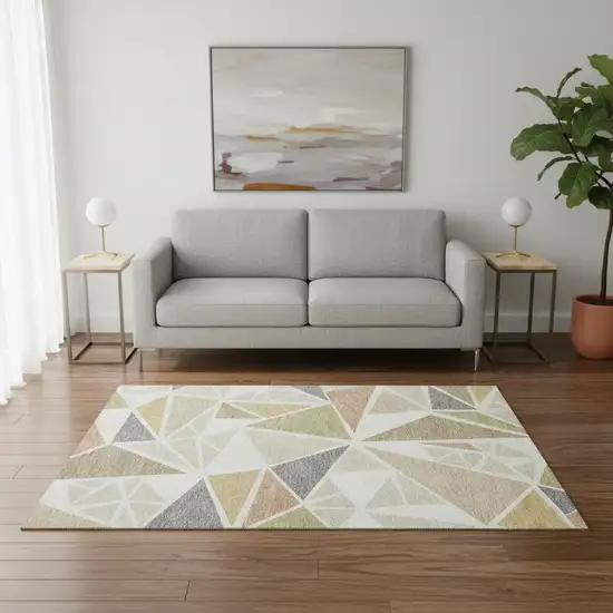 Ivory Gold And Green Geometric Washable Area Rug With UV Protection Photo 2
