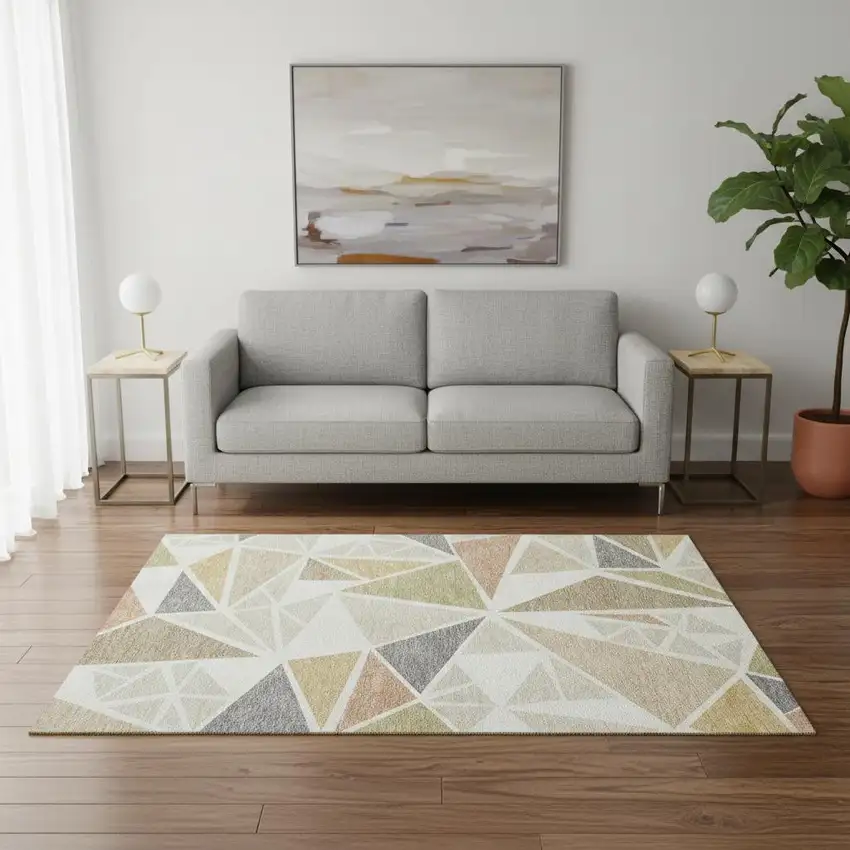 Ivory Gold And Green Geometric Washable Area Rug With UV Protection Photo 2