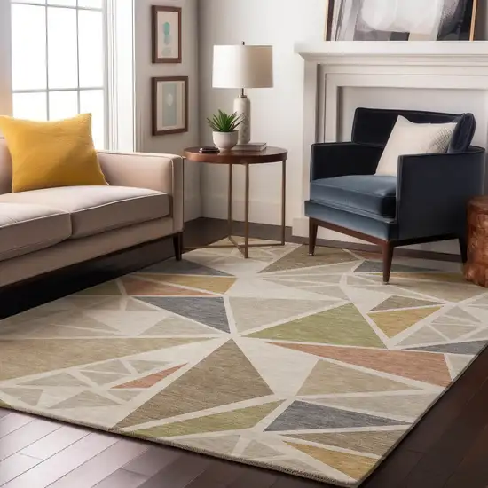 Ivory Gold And Green Geometric Washable Area Rug With UV Protection Photo 5
