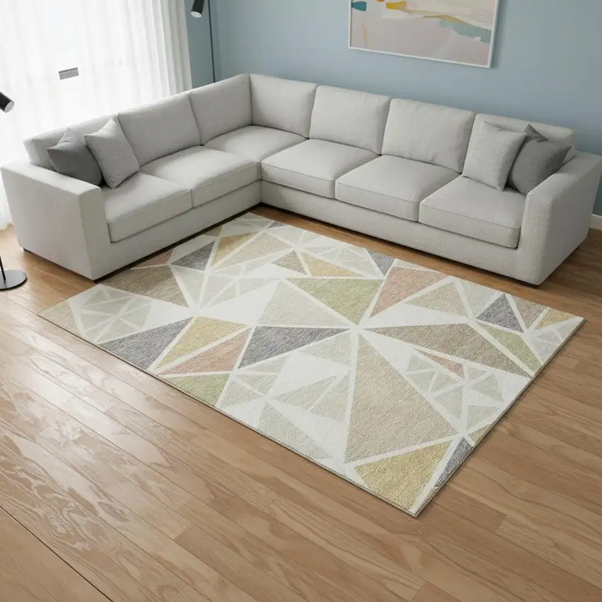 Ivory Gold And Green Geometric Washable Area Rug With UV Protection Photo 2