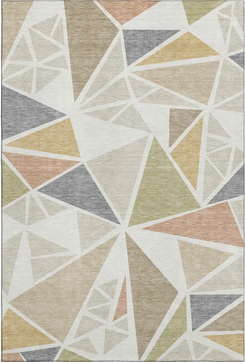 Ivory Gold And Green Geometric Washable Area Rug With UV Protection Photo 1