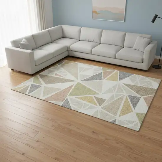 Ivory Gold And Green Geometric Washable Area Rug With UV Protection Photo 2