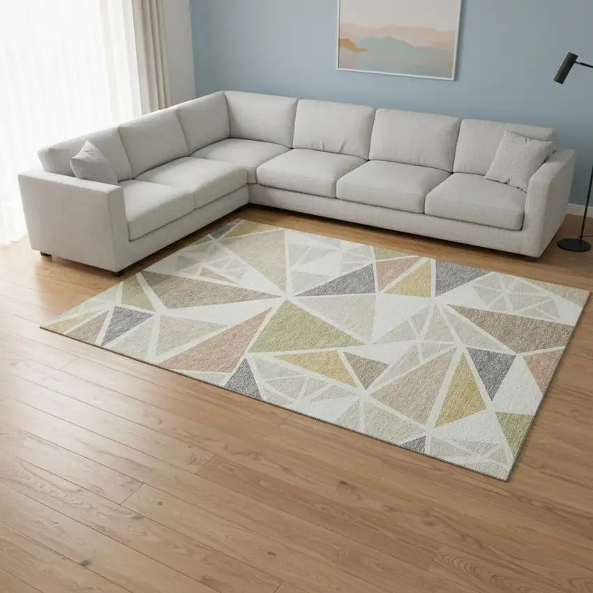 Ivory Gold And Green Geometric Washable Area Rug With UV Protection Photo 2