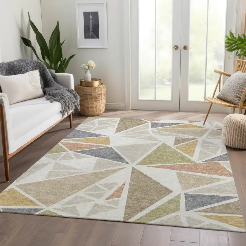Ivory Gold And Green Geometric Washable Area Rug With UV Protection Photo 5