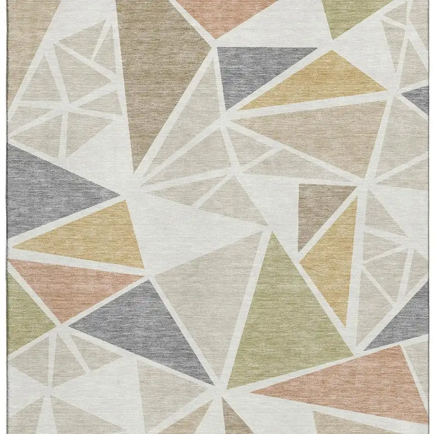 Ivory Gold And Green Geometric Washable Area Rug With UV Protection Photo 4