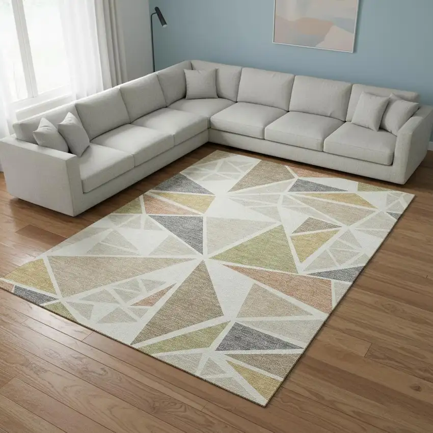 Ivory Gold And Green Geometric Washable Area Rug With UV Protection Photo 2