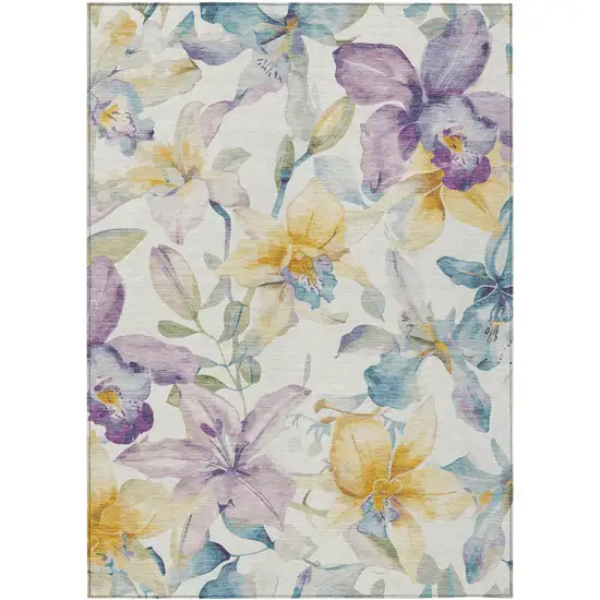 Ivory Gold And Lavender Floral Washable Indoor Outdoor Area Rug Photo 2