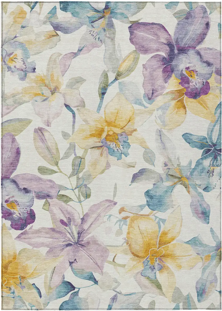 Ivory Gold And Lavender Floral Washable Indoor Outdoor Area Rug Photo 2