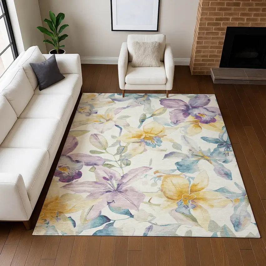 Ivory Gold And Lavender Floral Washable Indoor Outdoor Area Rug Photo 9