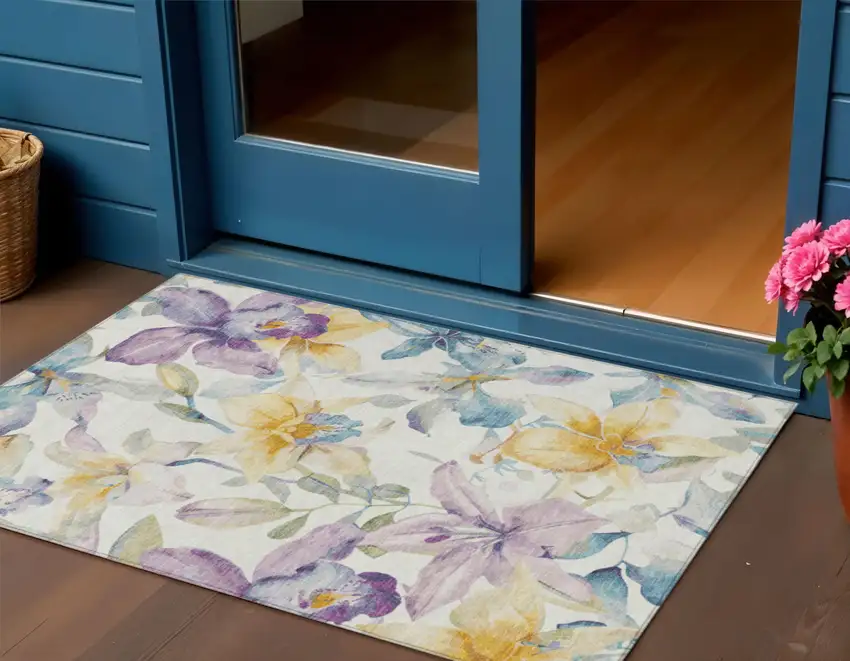 Ivory Gold And Lavender Floral Washable Indoor Outdoor Area Rug Photo 1