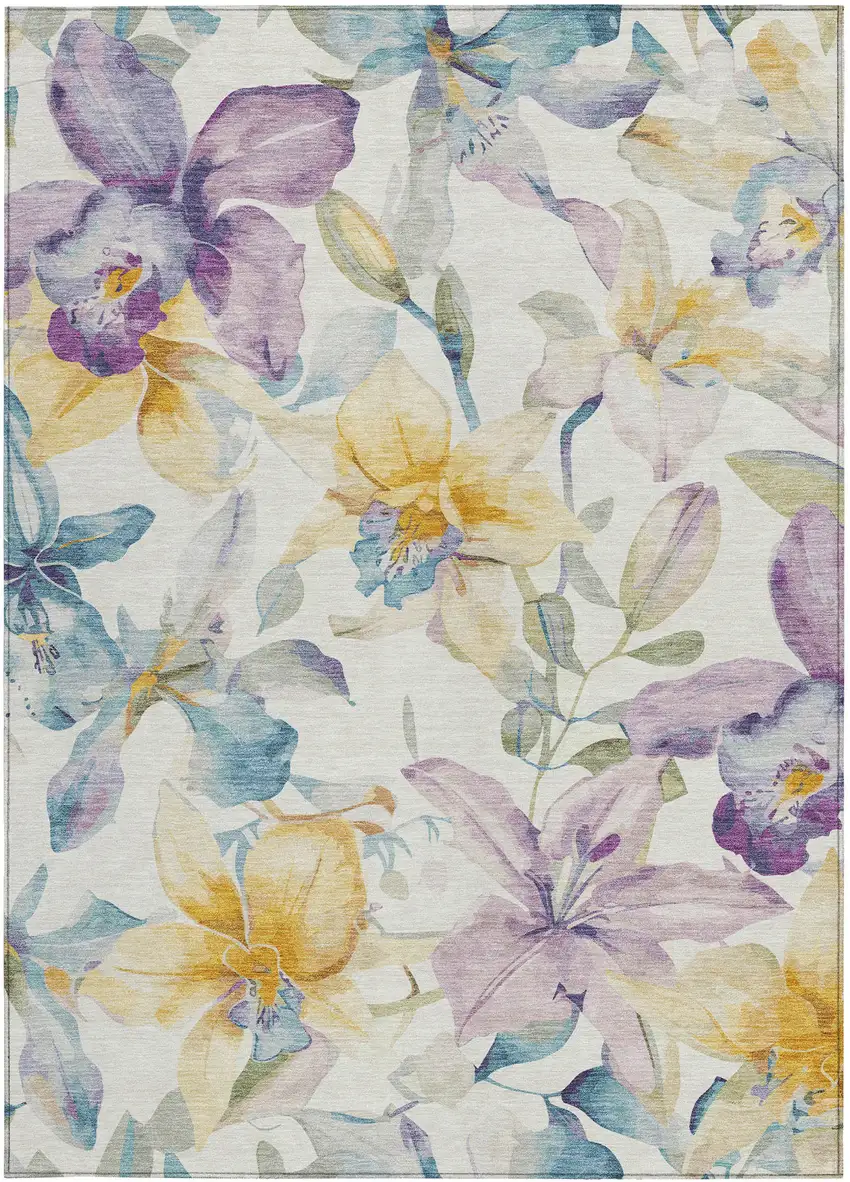 Ivory Gold And Lavender Floral Washable Indoor Outdoor Area Rug Photo 5