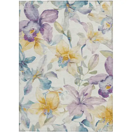 Ivory Gold And Lavender Floral Washable Indoor Outdoor Area Rug Photo 5